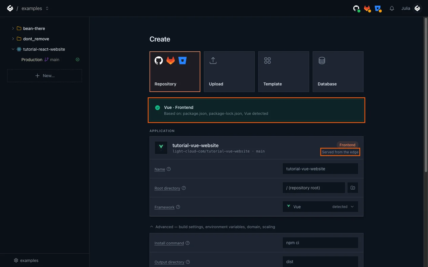 The detection banner Vue Frontend with Served from the edge highlighted
