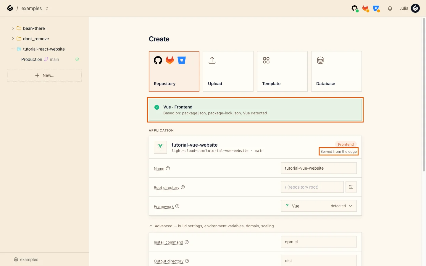 The detection banner Vue Frontend with Served from the edge highlighted