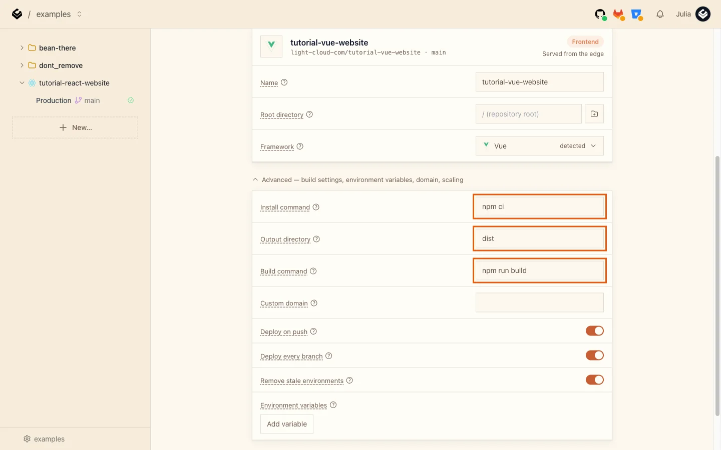 The Advanced section with npm ci, dist and npm run build highlighted