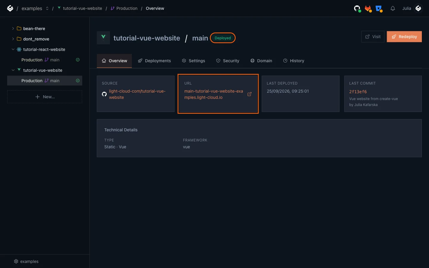 The Production overview with the Deployed badge and the URL card highlighted