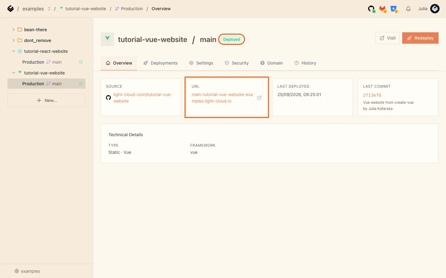 The Production overview with the Deployed badge and the URL card highlighted