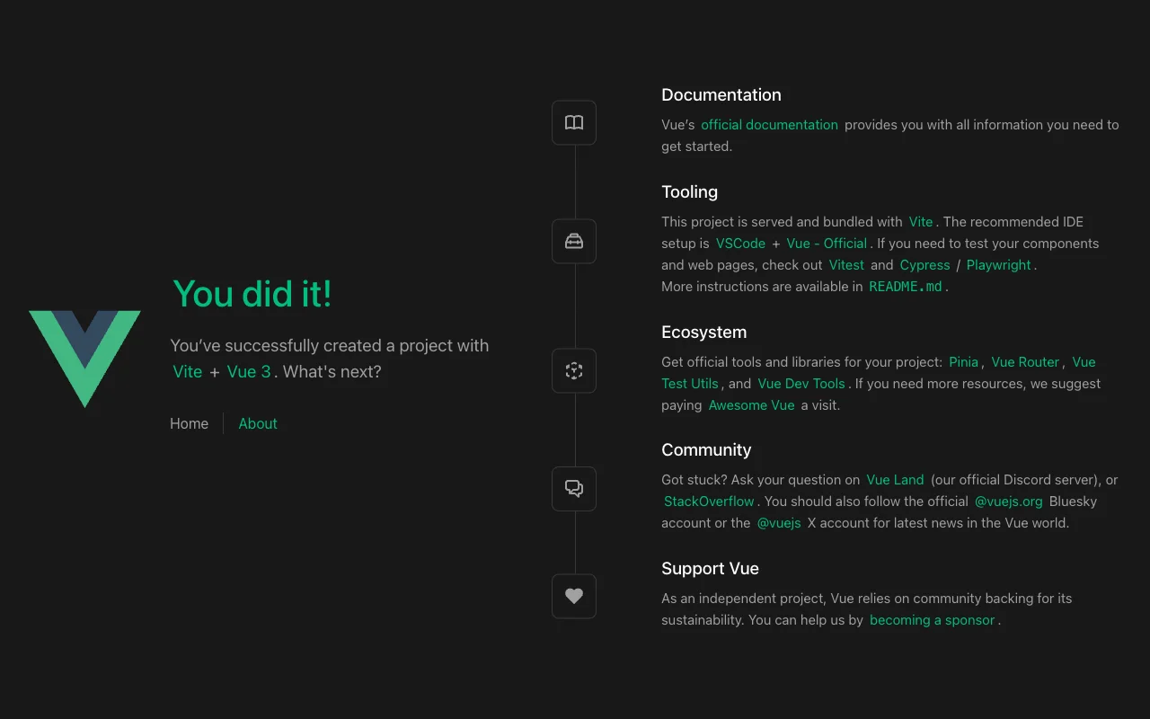 The Vue starter page served by Light Cloud: You did it! with Home and About links