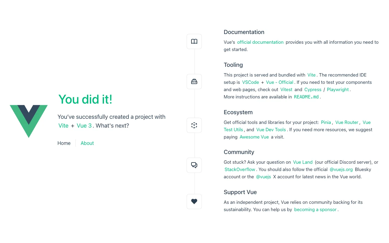The Vue starter page served by Light Cloud: You did it! with Home and About links
