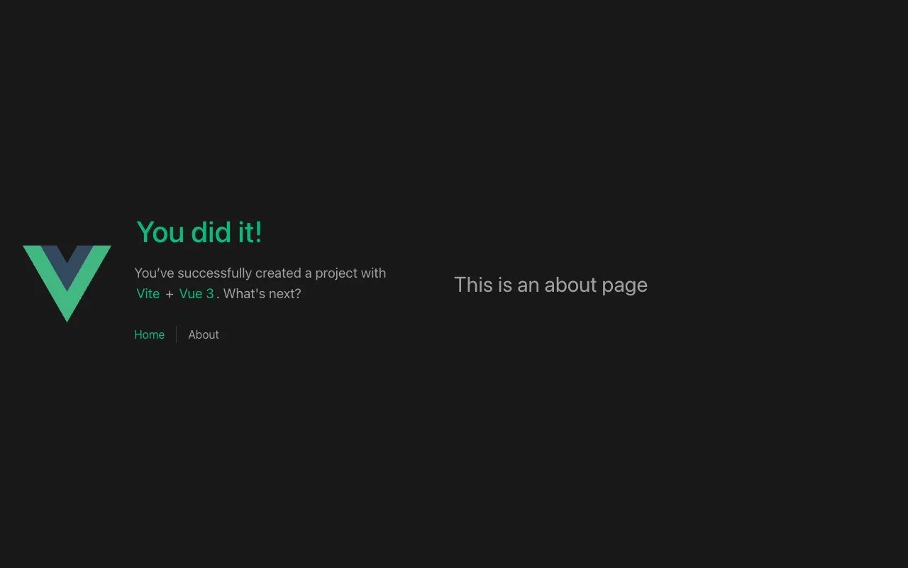 The About page opened directly at /about, showing This is an about page