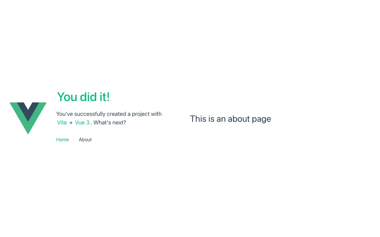 The About page opened directly at /about, showing This is an about page