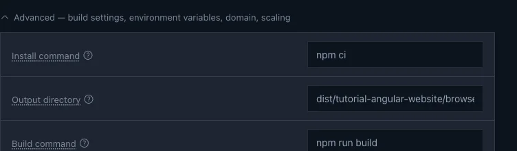 The detection banner Angular Frontend with the custom output dist/tutorial-angular-website/browser, and Served from the edge highlighted