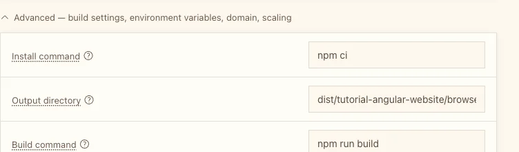 The detection banner Angular Frontend with the custom output dist/tutorial-angular-website/browser, and Served from the edge highlighted