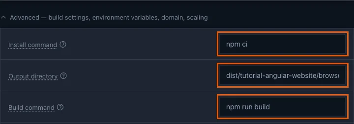 The Advanced section with Install command npm ci, Output directory dist/tutorial-angular-website/browser and Build command npm run build highlighted