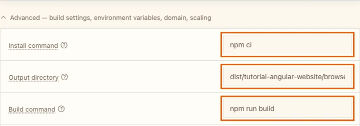 The Advanced section with Install command npm ci, Output directory dist/tutorial-angular-website/browser and Build command npm run build highlighted