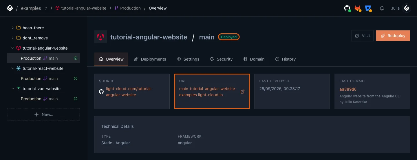 The Production overview with the Deployed badge and the URL card highlighted