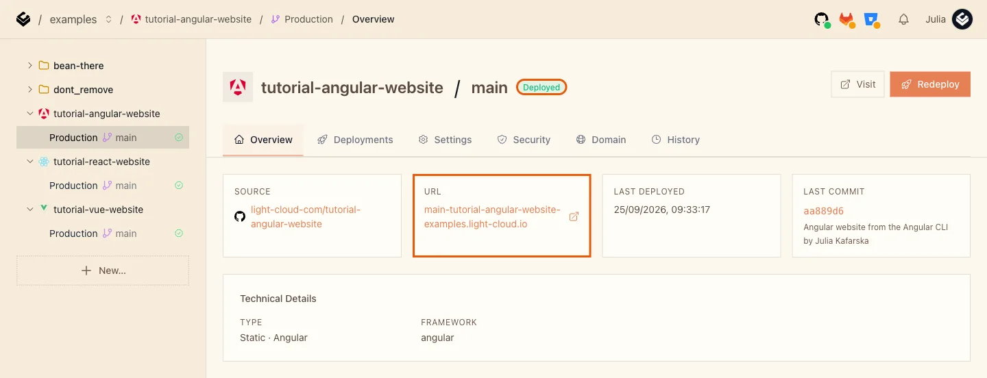 The Production overview with the Deployed badge and the URL card highlighted