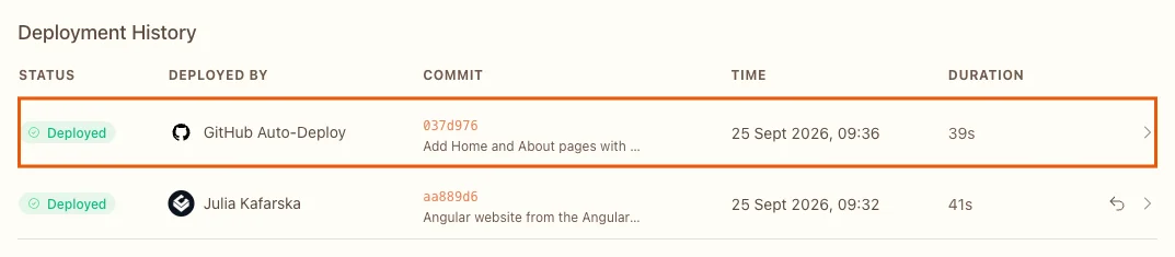 The Deployments tab with the commit Add Home and About pages deployed by GitHub Auto-Deploy in 39 seconds