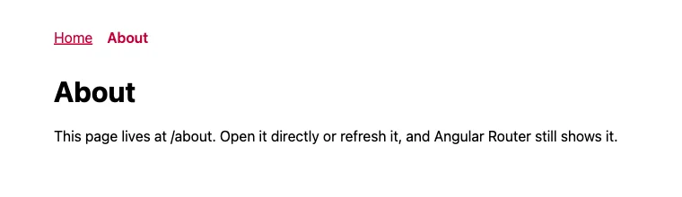 The About page opened directly at /about, with the About link in bold