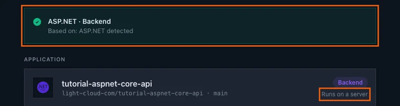 The detection banner ASP.NET Backend, with Runs on a server highlighted