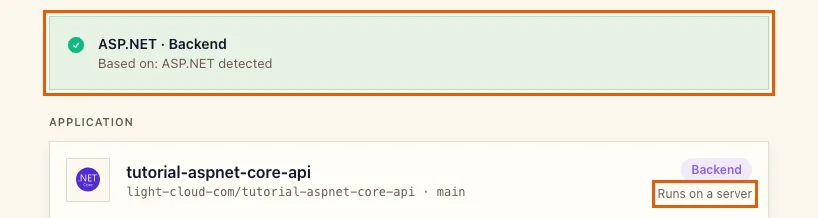 The detection banner ASP.NET Backend, with Runs on a server highlighted
