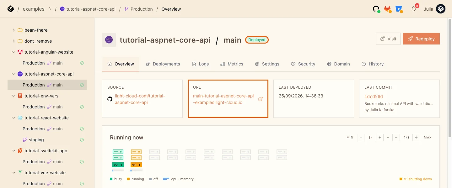 The Production overview of tutorial-aspnet-core-api with the Deployed badge and the URL card highlighted