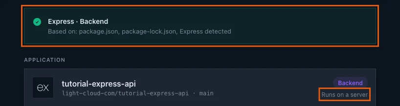 The detection banner Express Backend based on package.json and package-lock.json, with Runs on a server highlighted