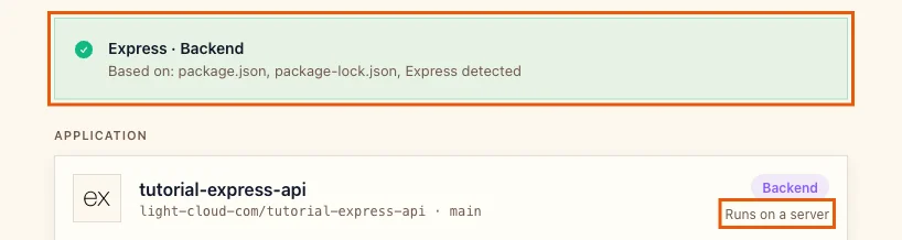 The detection banner Express Backend based on package.json and package-lock.json, with Runs on a server highlighted