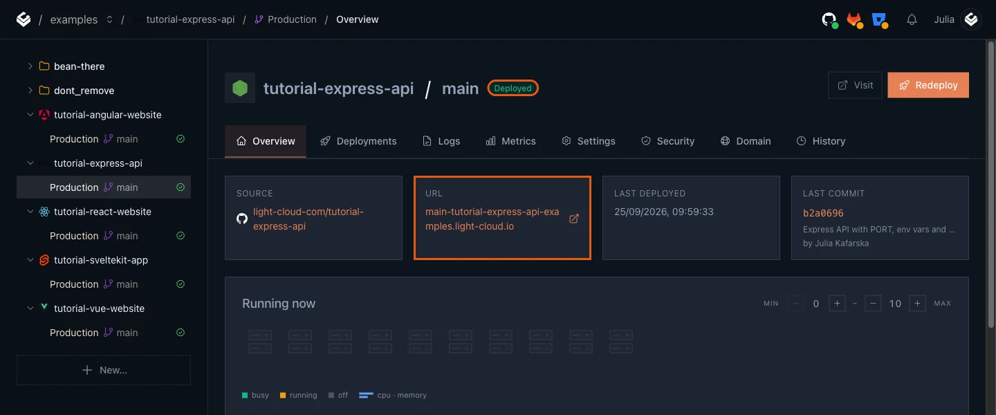 The Production overview of tutorial-express-api with the Deployed badge and the URL card highlighted