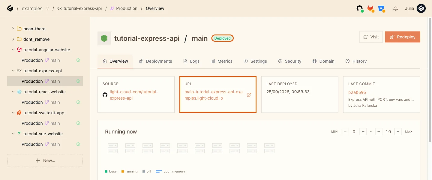 The Production overview of tutorial-express-api with the Deployed badge and the URL card highlighted