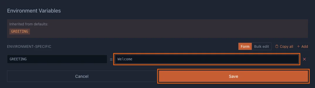 The Environment Variables editor with GREETING changed to Welcome and the Save button highlighted