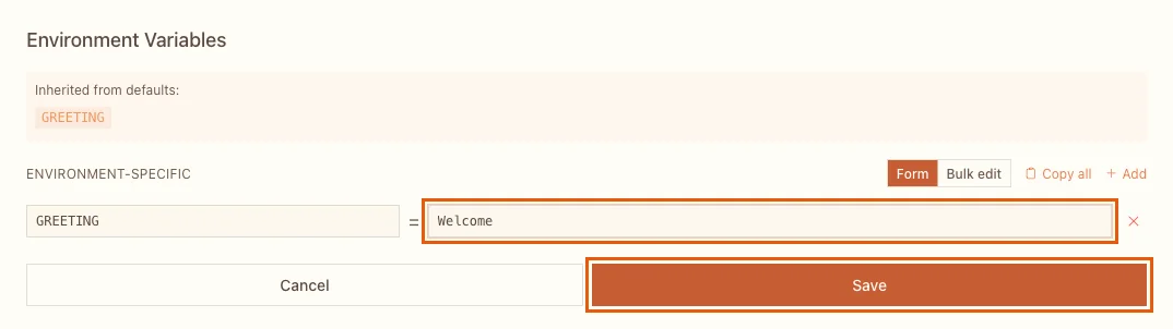 The Environment Variables editor with GREETING changed to Welcome and the Save button highlighted