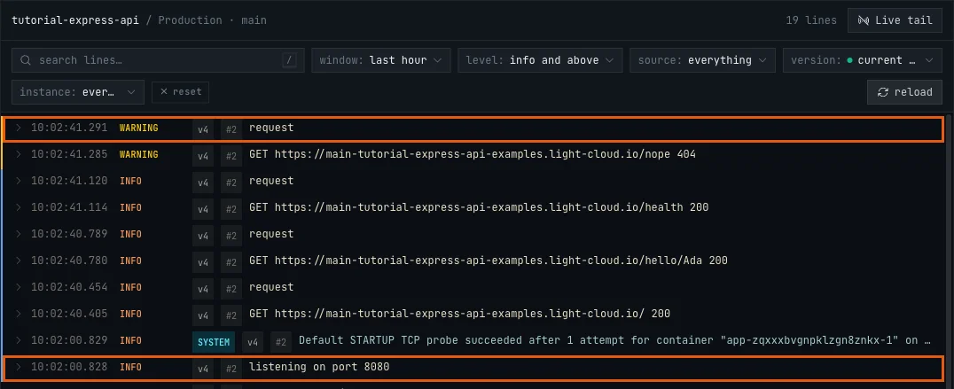 The Logs tab with the request lines, a WARNING line for the 404 request and the listening on port 8080 line highlighted