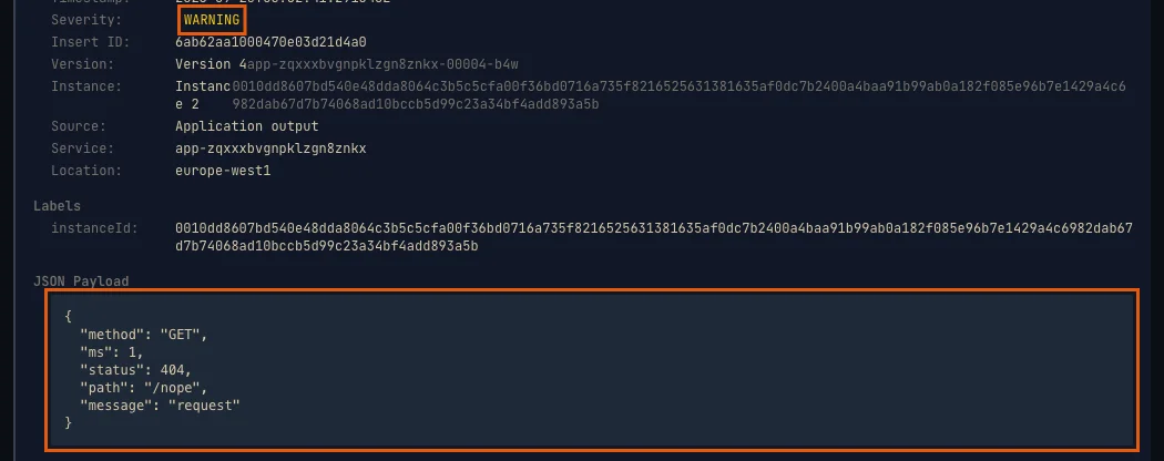 An expanded log line with Severity WARNING and the JSON payload method GET, status 404, path /nope