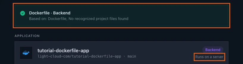 The detection banner Dockerfile Backend, based on Dockerfile, with Runs on a server highlighted