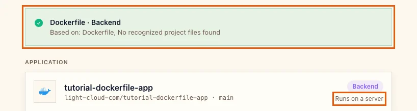 The detection banner Dockerfile Backend, based on Dockerfile, with Runs on a server highlighted