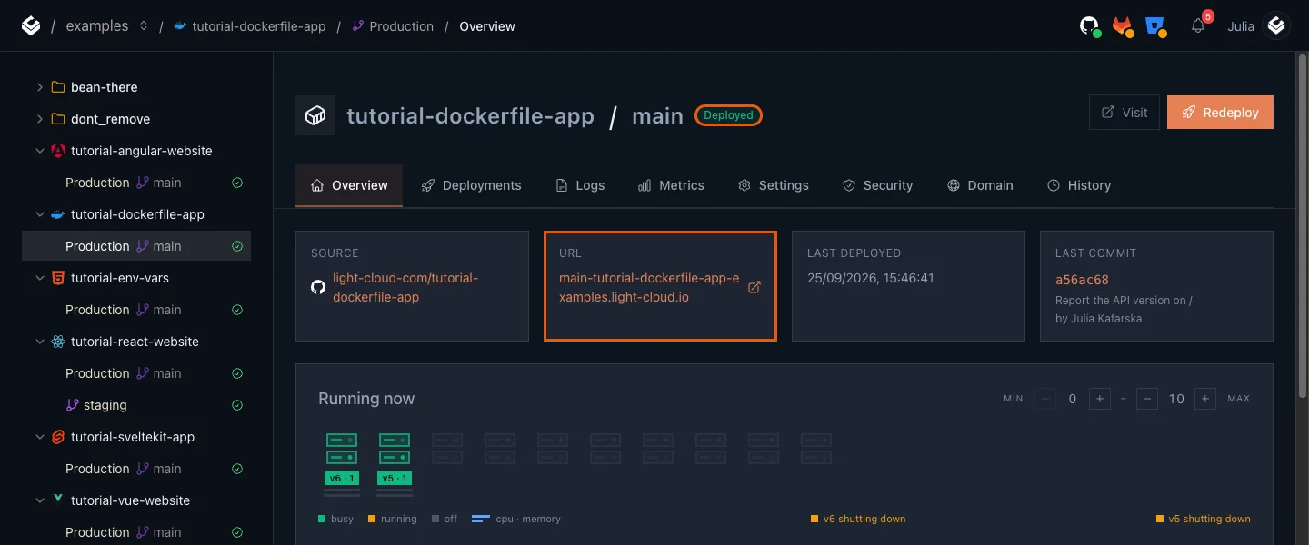 The Production overview of tutorial-dockerfile-app with the Deployed badge and the URL card highlighted