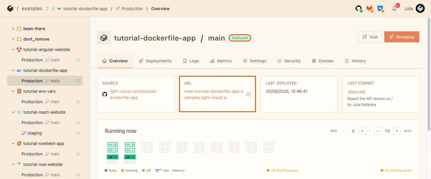 The Production overview of tutorial-dockerfile-app with the Deployed badge and the URL card highlighted