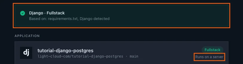 The detection banner Django Fullstack based on requirements.txt, with Runs on a server highlighted