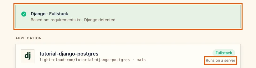The detection banner Django Fullstack based on requirements.txt, with Runs on a server highlighted