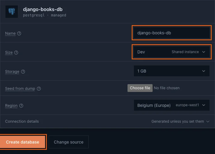 The new database form with the name django-books-db, Size Dev shared instance and the Create database button highlighted