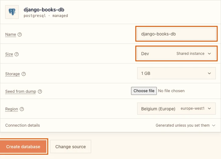 The new database form with the name django-books-db, Size Dev shared instance and the Create database button highlighted