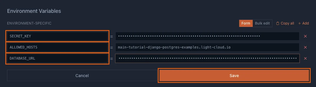 The Environment Variables editor with SECRET_KEY, ALLOWED_HOSTS and DATABASE_URL, the secret values hidden, and the Save button highlighted