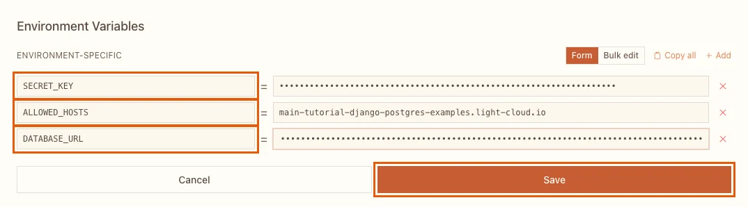 The Environment Variables editor with SECRET_KEY, ALLOWED_HOSTS and DATABASE_URL, the secret values hidden, and the Save button highlighted