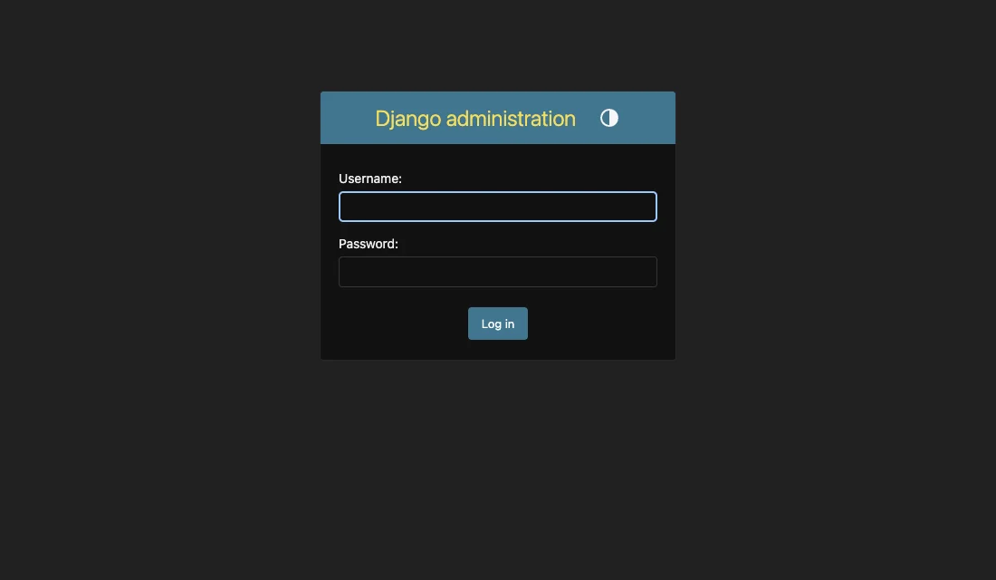 The Django administration login page with Username and Password fields