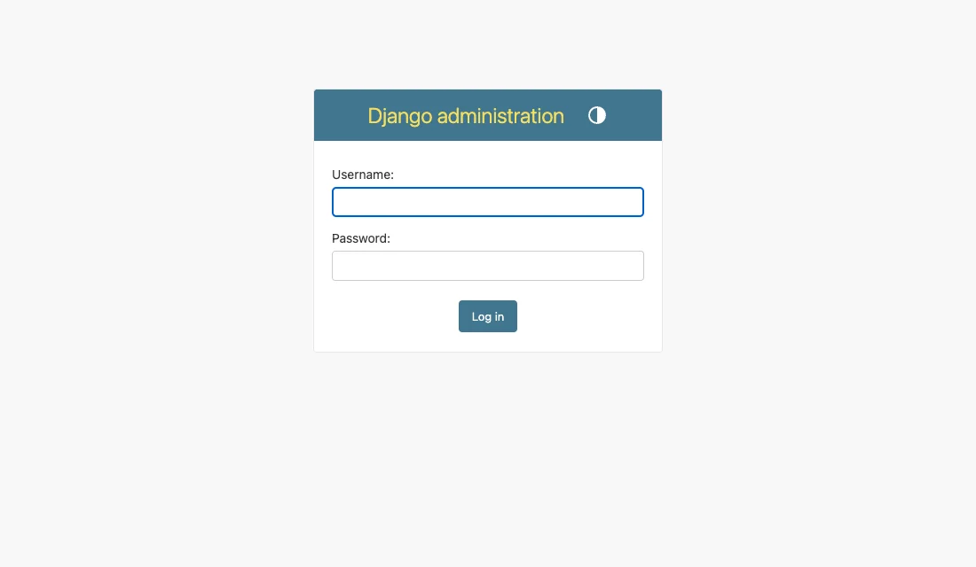 The Django administration login page with Username and Password fields