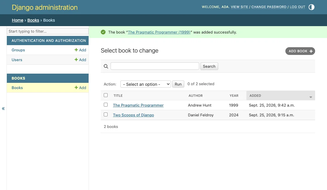 The Django admin book list, served by Light Cloud, with two books