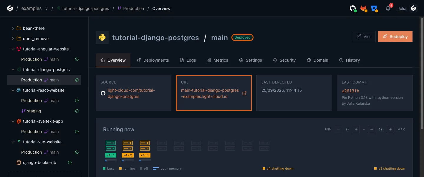The Production overview of tutorial-django-postgres with the Deployed badge and the URL card highlighted