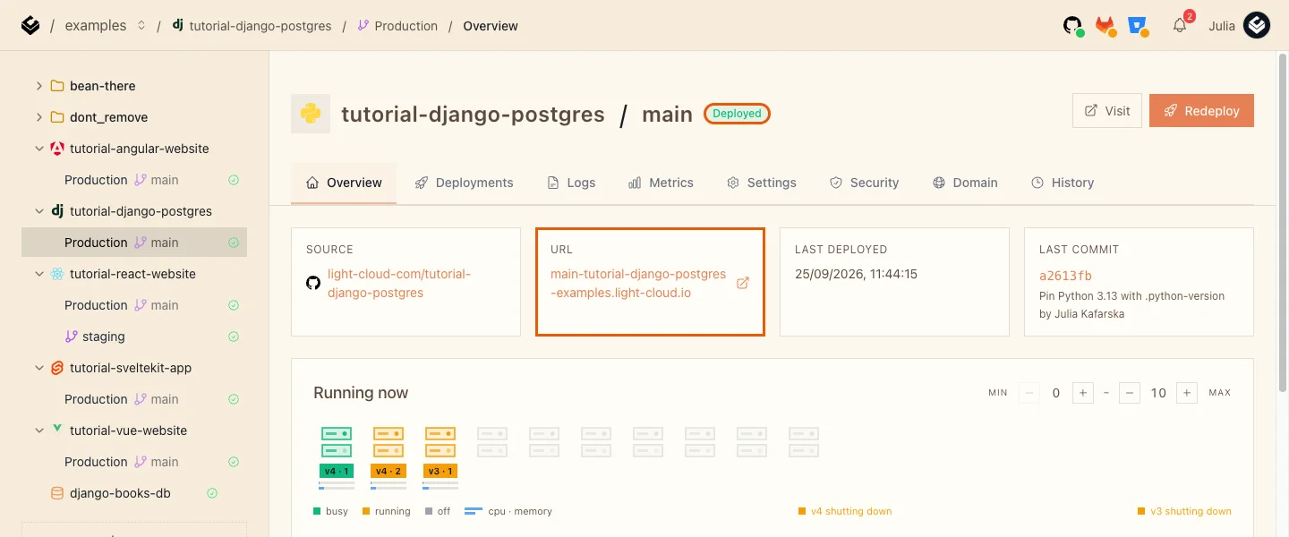 The Production overview of tutorial-django-postgres with the Deployed badge and the URL card highlighted