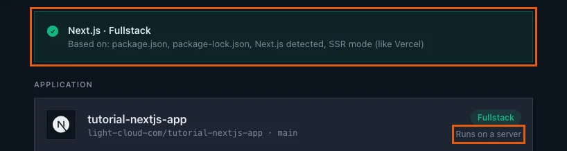 The detection banner Next.js Fullstack, SSR mode like Vercel, with Runs on a server highlighted