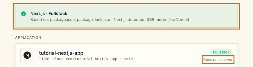 The detection banner Next.js Fullstack, SSR mode like Vercel, with Runs on a server highlighted