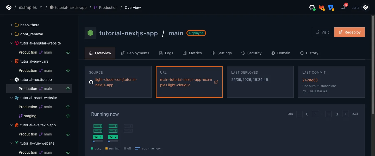 The Production overview of tutorial-nextjs-app with the Deployed badge and the URL card highlighted