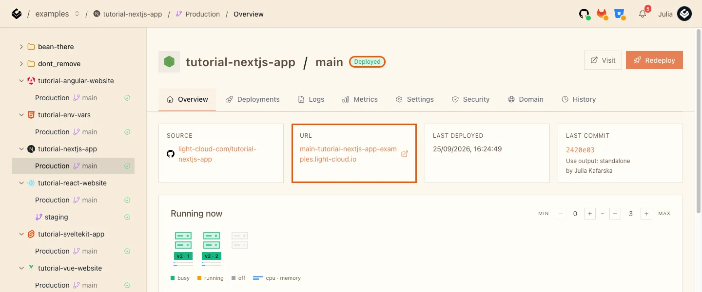The Production overview of tutorial-nextjs-app with the Deployed badge and the URL card highlighted