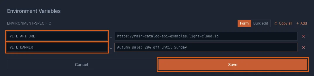 The Environment Variables editor with VITE_API_URL and VITE_BANNER and the Save button highlighted
