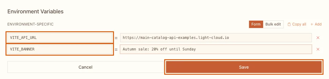 The Environment Variables editor with VITE_API_URL and VITE_BANNER and the Save button highlighted