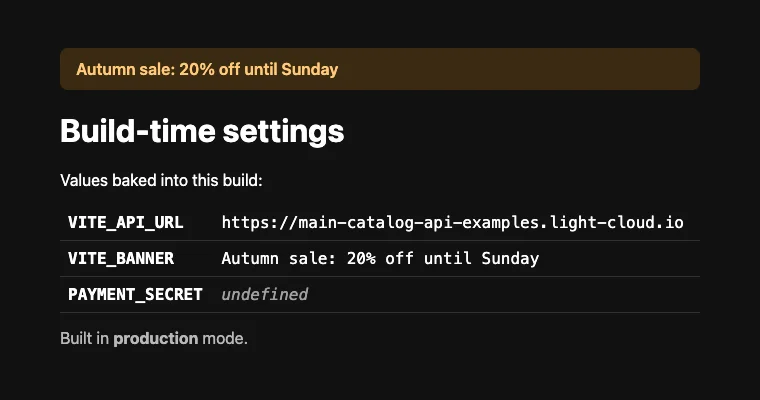 The live site with the banner Autumn sale: 20% off until Sunday and a table: VITE_API_URL and VITE_BANNER with their values, PAYMENT_SECRET undefined